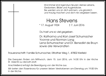 Traueranzeige von Hans Stevens von Rheinische Post