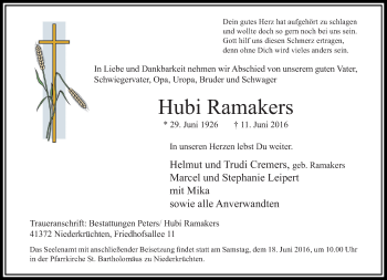 Traueranzeige von Hubi Ramakers von Rheinische Post