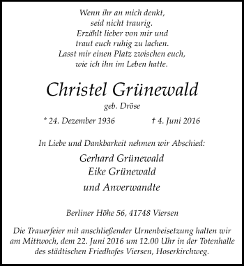 Traueranzeige von Christel Grünewald von Rheinische Post