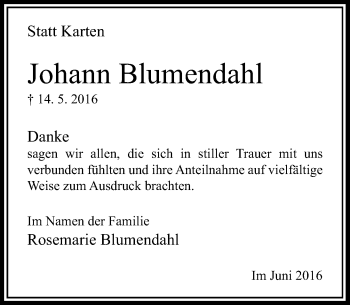 Traueranzeige von Johann Blumendahl von Rheinische Post