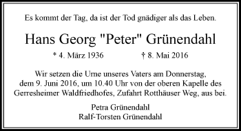 Traueranzeige von Hans Georg Grünendahl von Rheinische Post