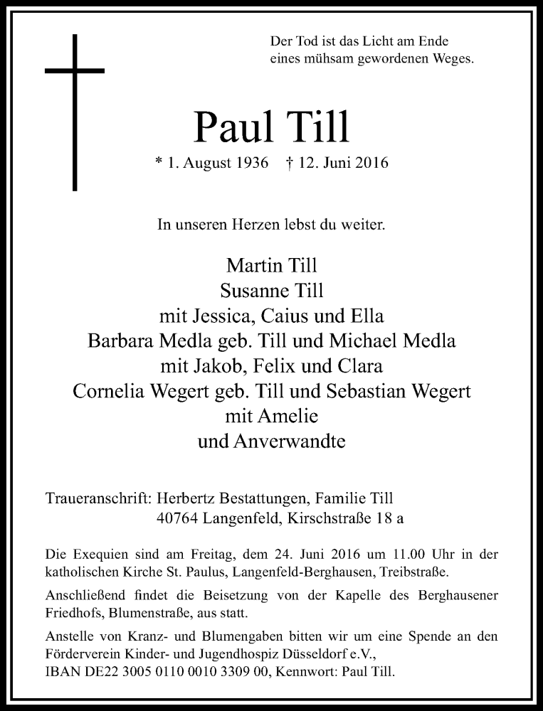  Traueranzeige für Paul Till vom 17.06.2016 aus Rheinische Post