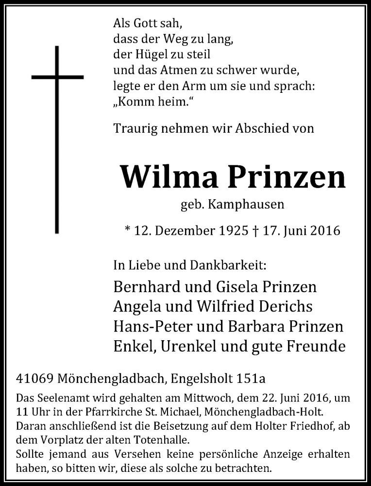  Traueranzeige für Wilma Prinzen vom 20.06.2016 aus Rheinische Post