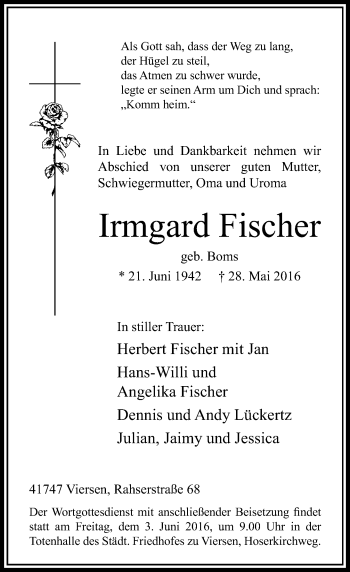 Traueranzeige von Irmgard Fischer von Rheinische Post