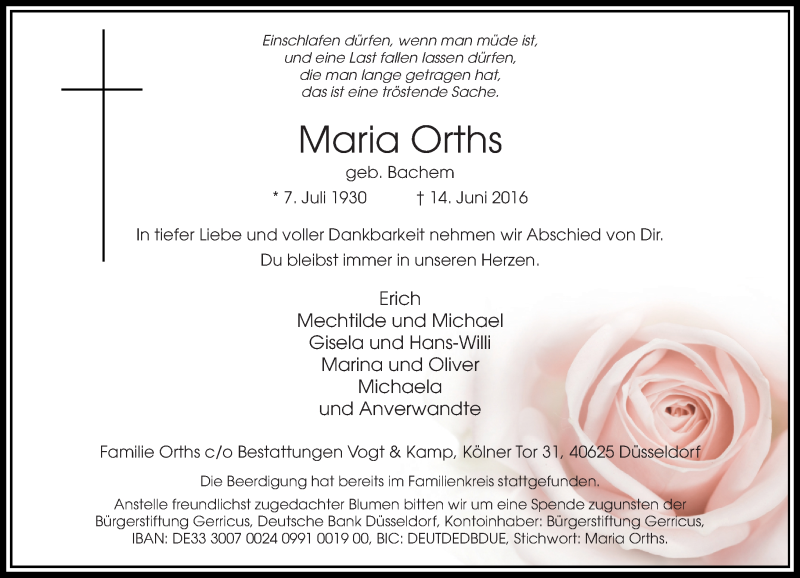  Traueranzeige für Maria Orths vom 18.06.2016 aus Rheinische Post