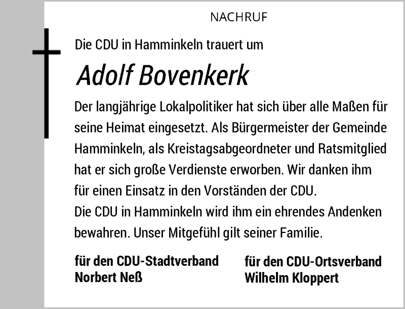 Traueranzeige für Adolf Bovenkerk vom 24.06.2016 aus Rheinische Post