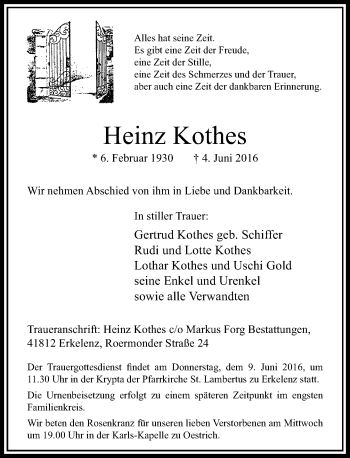 Traueranzeige von Heinz Kothes von Rheinische Post