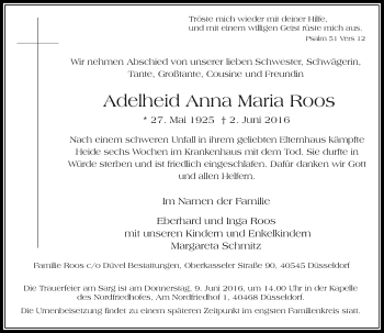 Traueranzeige von Adelheid Anna Maria Roos von Rheinische Post