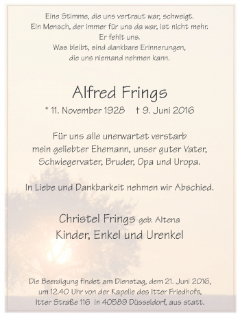 Traueranzeige von Alfred Frings von Rheinische Post