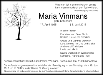 Traueranzeige von Maria Vinmans von Rheinische Post
