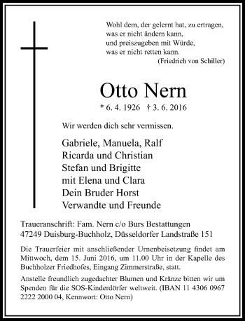 Traueranzeige von Otto Nern von Rheinische Post