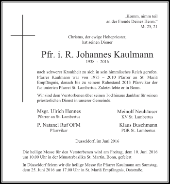 Traueranzeige von Johannes Kaulmann von Rheinische Post