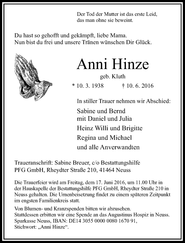  Traueranzeige für Anni Hinze vom 14.06.2016 aus Rheinische Post