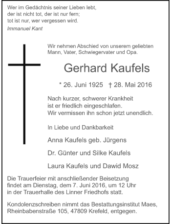 Traueranzeige von Gerhard Kaufels von Rheinische Post