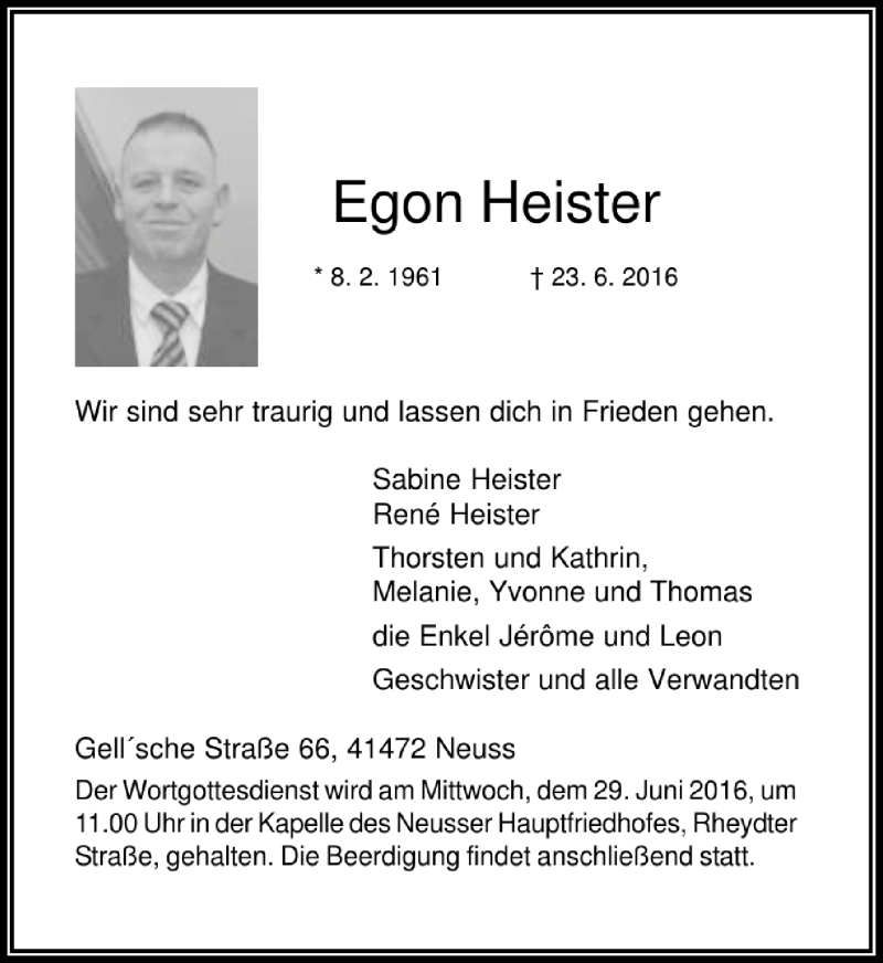  Traueranzeige für Egon Heister vom 25.06.2016 aus Rheinische Post