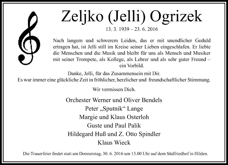  Traueranzeige für Zeljko  Ogrizek vom 25.06.2016 aus Rheinische Post