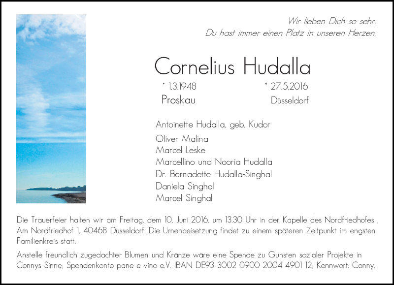  Traueranzeige für Cornelius Hudalla vom 04.06.2016 aus Rheinische Post