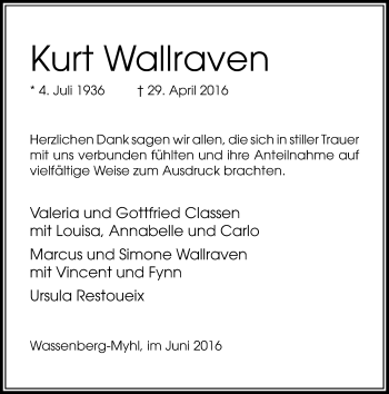 Traueranzeige von Kurt Wallraven von Rheinische Post