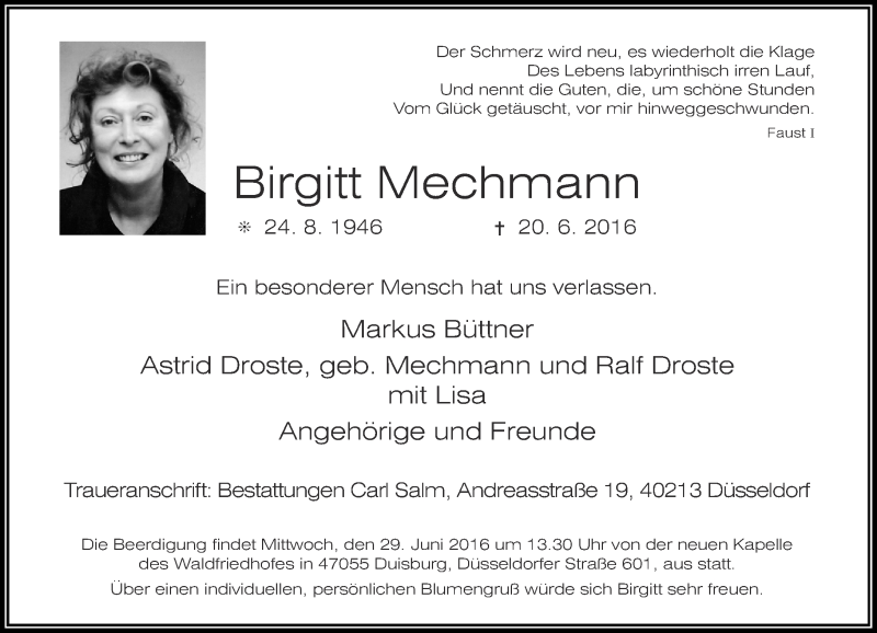  Traueranzeige für Birgitt Mechmann vom 25.06.2016 aus Rheinische Post