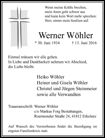 Traueranzeige von Werner Wöhler von Rheinische Post