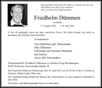 Traueranzeige von Friedhelm Dümmen von Rheinische Post