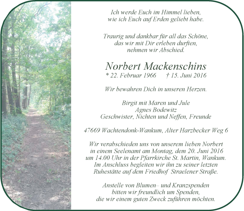  Traueranzeige für Norbert Mackenschins vom 17.06.2016 aus Rheinische Post