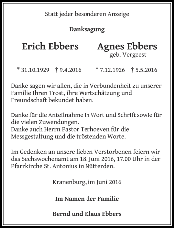Traueranzeige von Erich und Agnes Ebbers von Rheinische Post