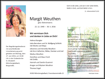 Traueranzeige von Margit Weuthen von Rheinische Post