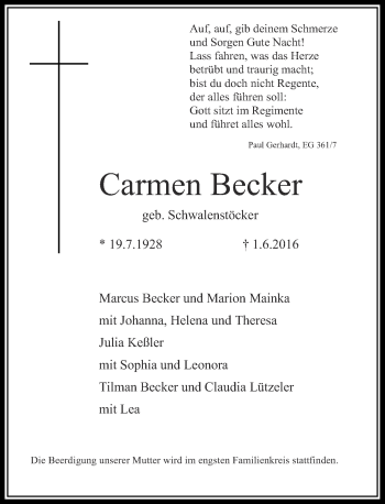 Traueranzeige von Carmen Becker von Rheinische Post