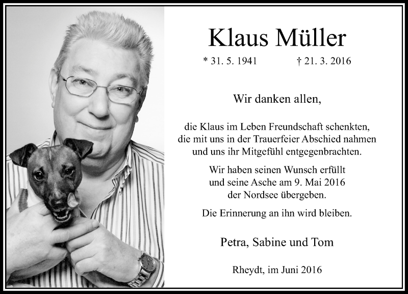  Traueranzeige für Klaus Müller vom 11.06.2016 aus Rheinische Post