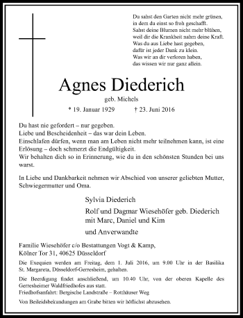 Traueranzeige von Agnes Diederich von Rheinische Post