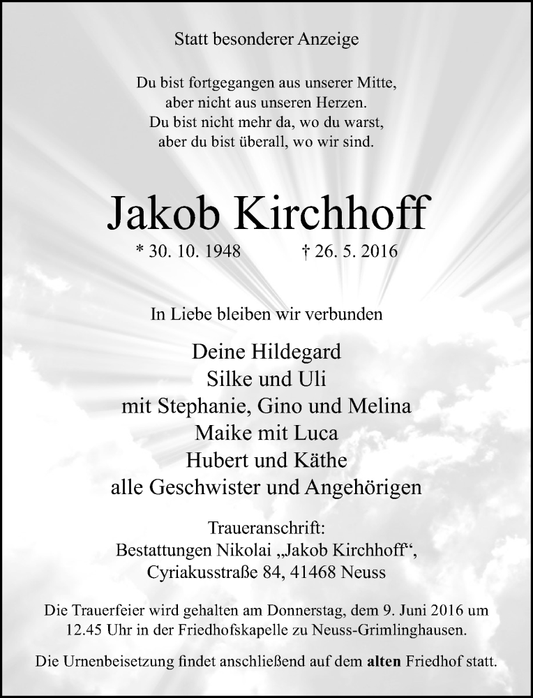  Traueranzeige für Jakob Kirchhoff vom 04.06.2016 aus Rheinische Post