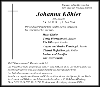 Traueranzeige von Johanna Köhler von Rheinische Post