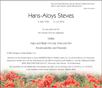 Traueranzeige von Hans-Aloys Steves von Rheinische Post