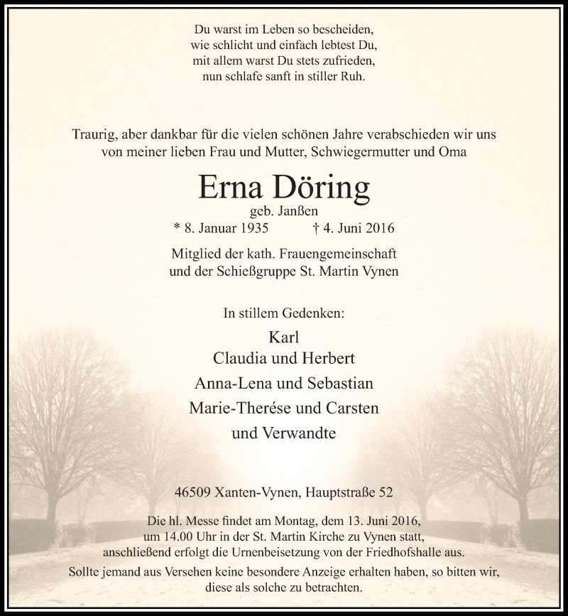  Traueranzeige für Erna Döring vom 08.06.2016 aus Rheinische Post