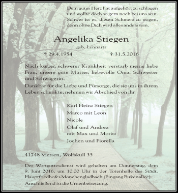 Traueranzeige von Angelika Stiegen von Rheinische Post