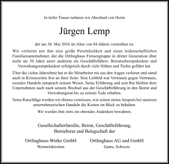 Traueranzeige von Jürgen Lemp von Rheinische Post