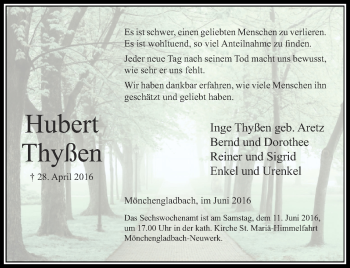 Traueranzeige von Hubert Thyßen von Rheinische Post