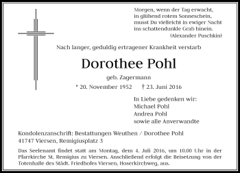 Traueranzeige von Dorothee Pohl von Rheinische Post