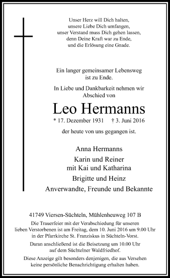 Traueranzeige von Leo Hermanns von Rheinische Post