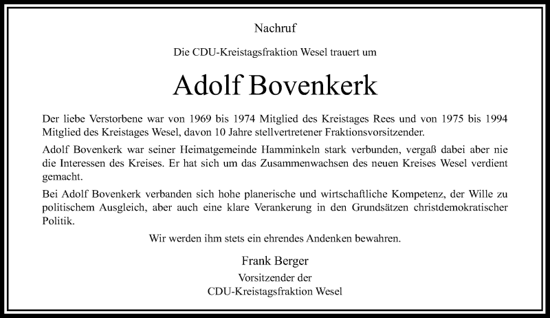  Traueranzeige für Adolf Bovenkerk vom 25.06.2016 aus Rheinische Post