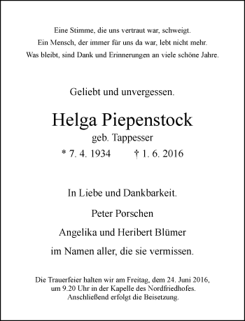 Traueranzeige von Helga Piepenstock von Rheinische Post