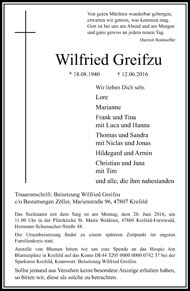  Traueranzeige für Wilfried Greifzu vom 16.06.2016 aus Rheinische Post