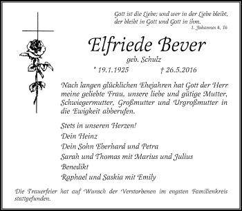 Traueranzeige von Elfriede Bever von Rheinische Post