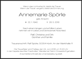Traueranzeige von Annemarie Spörle von Rheinische Post