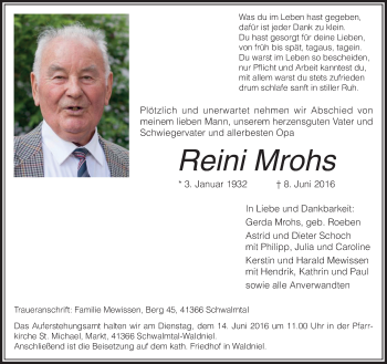 Traueranzeige von Reini Mrohs von Rheinische Post