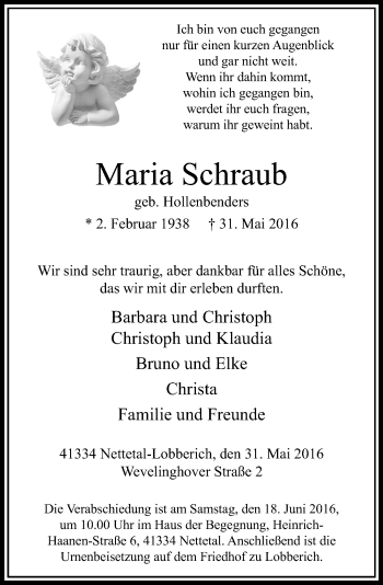 Traueranzeige von Maria Schraub von Rheinische Post