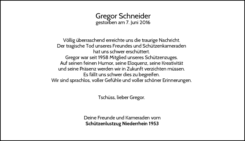  Traueranzeige für Gregor Schneider vom 11.06.2016 aus Rheinische Post