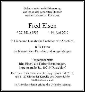 Traueranzeige von Fred Elsen von Rheinische Post