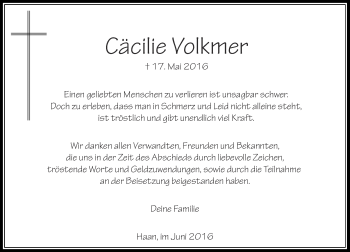 Traueranzeige von Cäcilie Volkmer von Rheinische Post